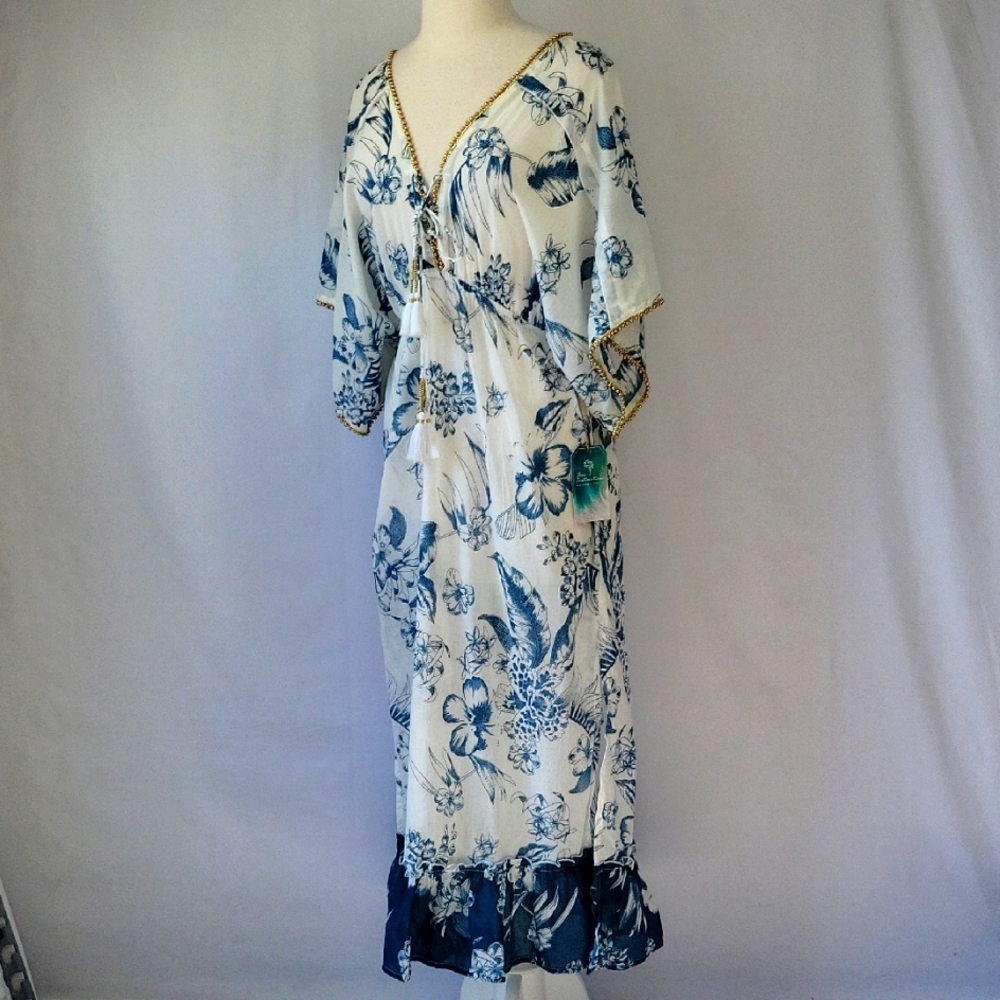 True Destinations Maxi Swim Cover Blue & White Size Medium NWT